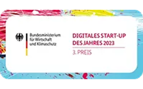 Award announcement for 'Digital Start-up of the Year 2023, 3rd Prize' with abstract background.