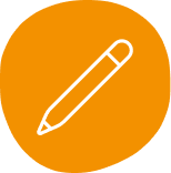 A white outline of a pencil inside a solid orange circle.