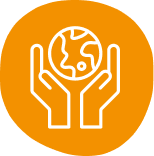 An orange circular icon showing a white line drawing of two hands holding a globe.