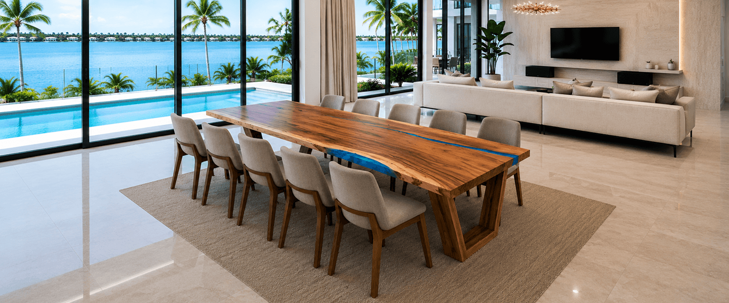 A large wooden river table in a modern dining room overlooking a swimming pool and waterway.