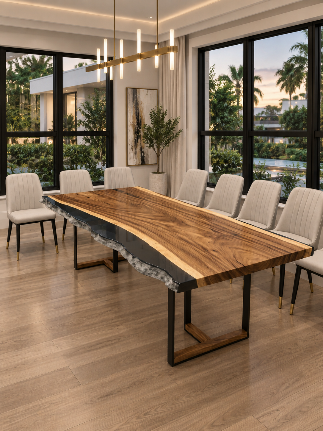 Tuco custom large dining table with gunmetal steel base and live edge top