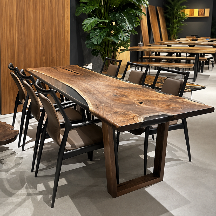 10 ft walnut live edge dining table with dark grey epoxy