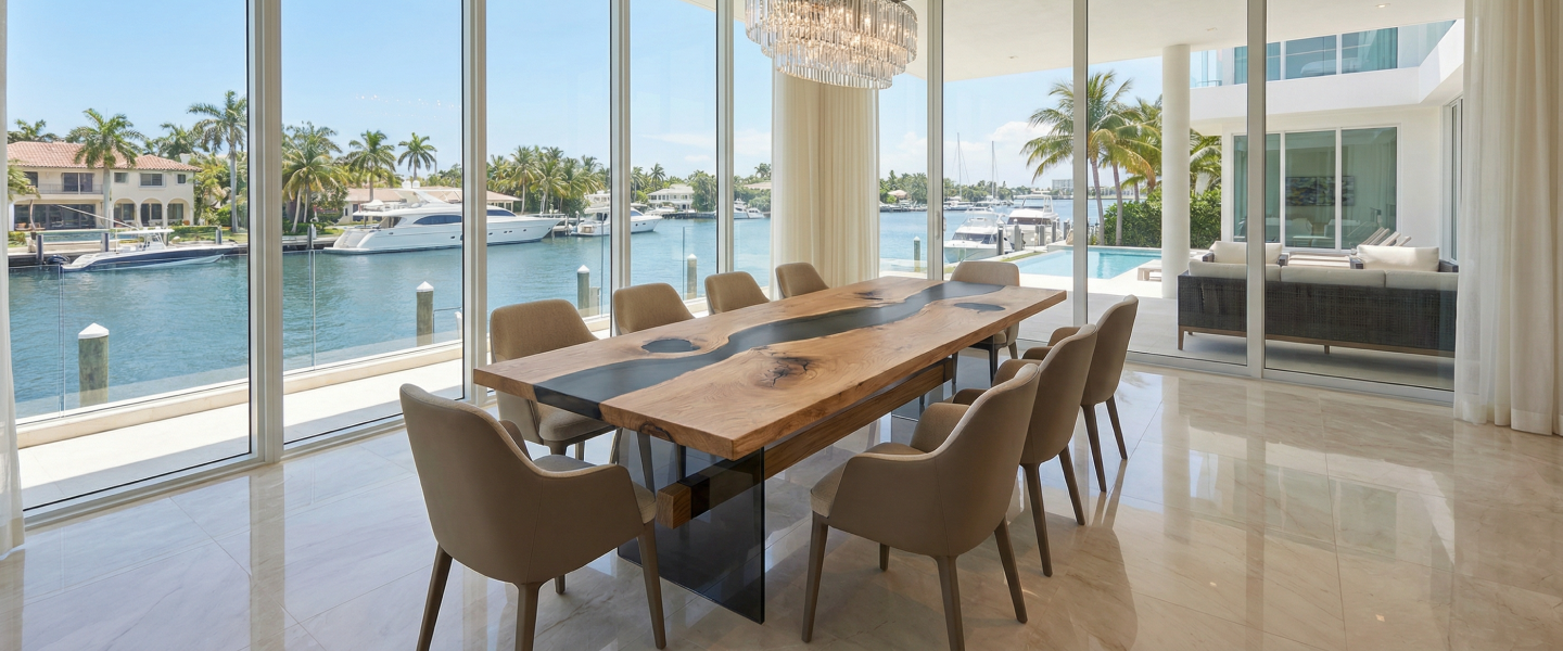 A dining room with a large wood and epoxy river table, overlooking a waterway with yachts.