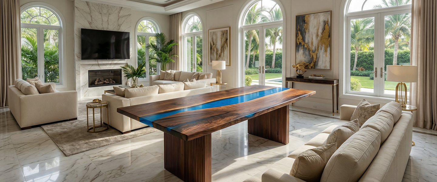 A luxurious, sunlit living room with a wooden and blue epoxy river table, marble floors, and arched windows.