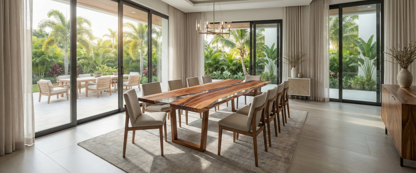 A bright dining room with a long live-edge wood table, surrounded by chairs, overlooking a tropical patio.