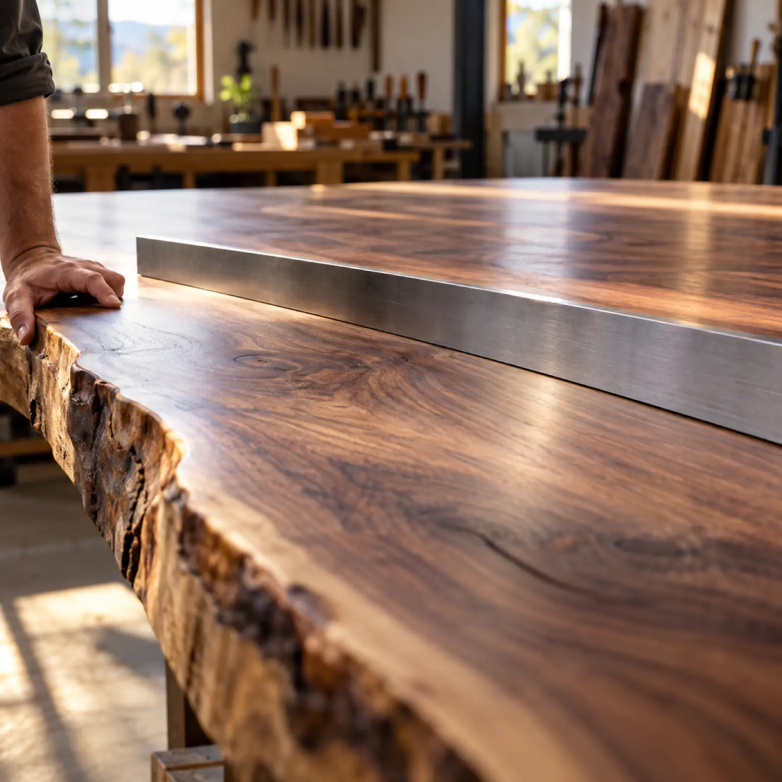 Steel straightedge on a walnut live edge table top showing it is perfectly flat