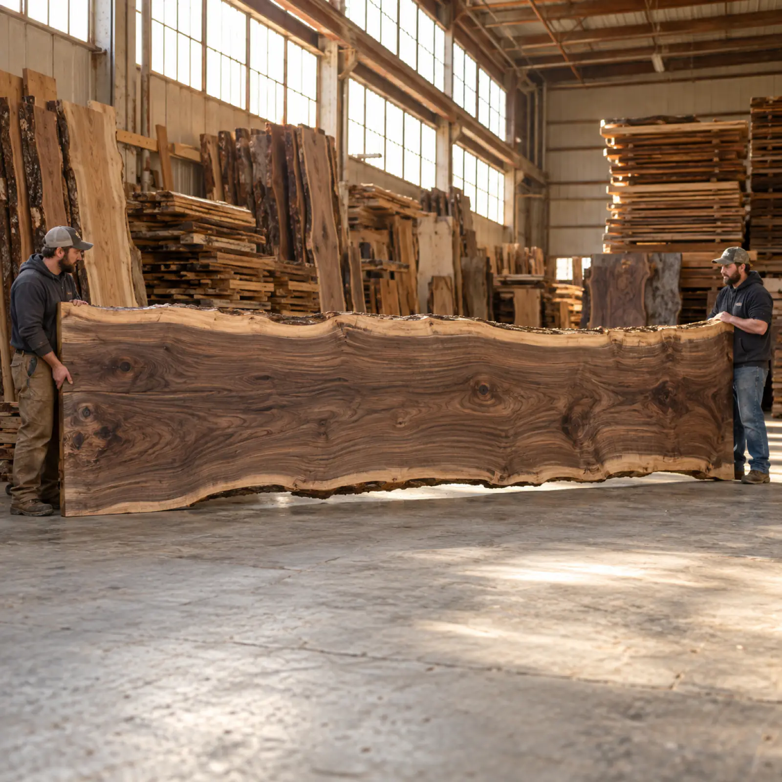 Two workers holding a rare 12 ft walnut live edge slab in a lumber warehouse