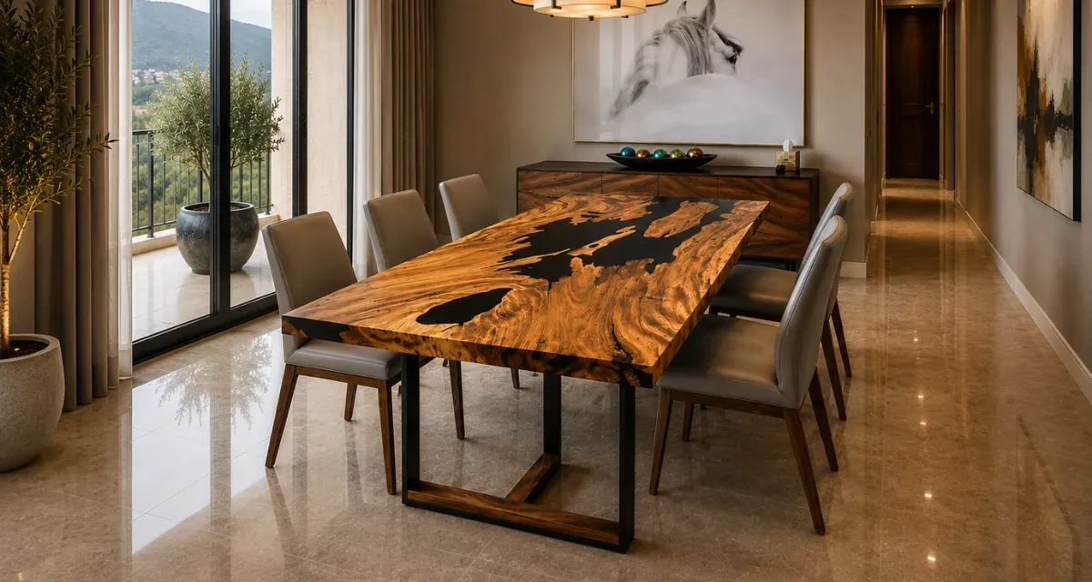 Monkey pod dining table with black epoxy river, Scottsdale, AZ