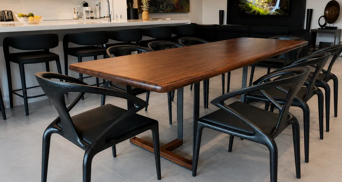 Monkey pod dining table with dark stain and black epoxy, Fort Lauderdale, FL