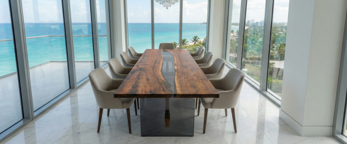 Skybar Walnut Conference Table with Dark Gray Epoxy River