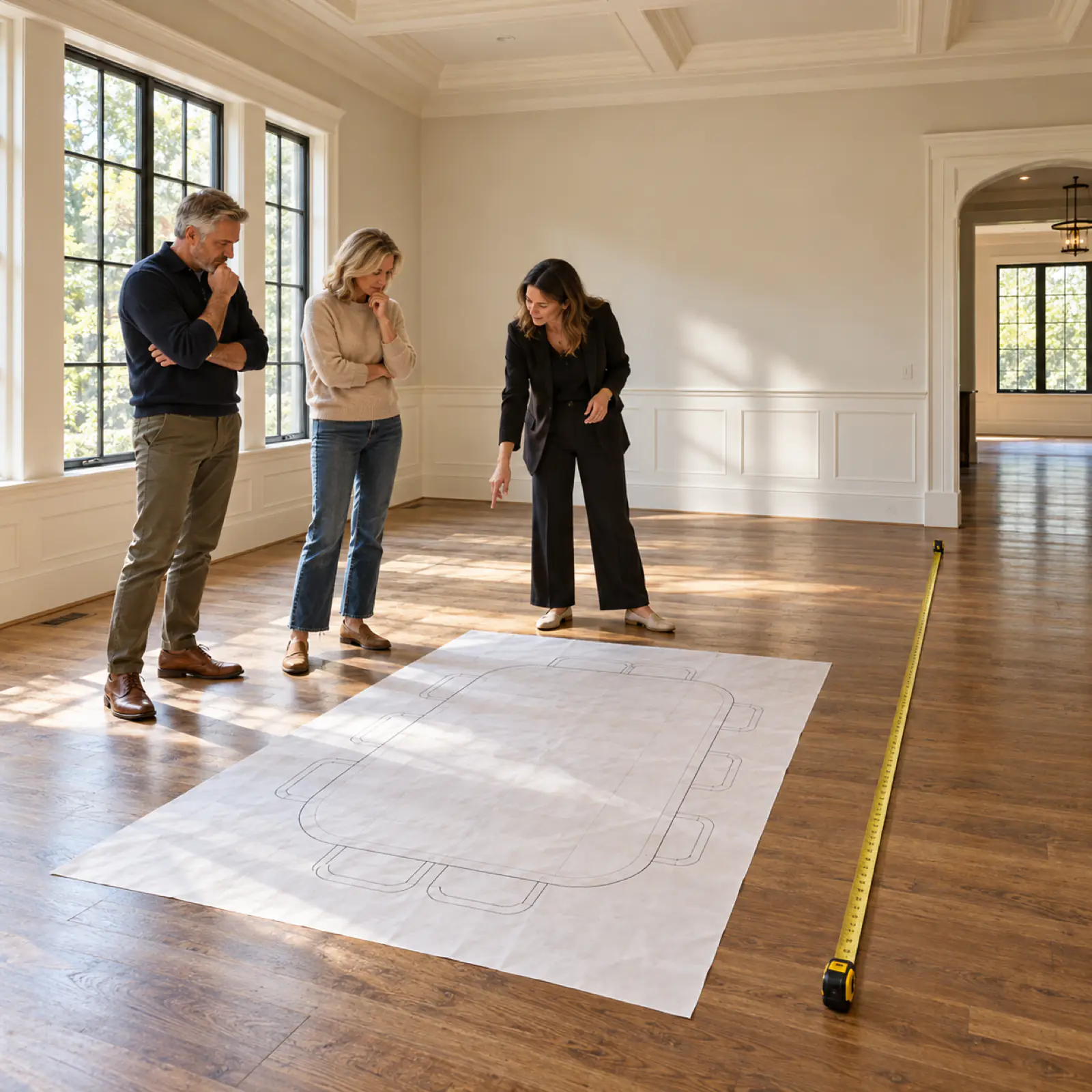 Couple and designer reviewing a full-size drawing of a 12 ft dining table on the floor of an empty dining room