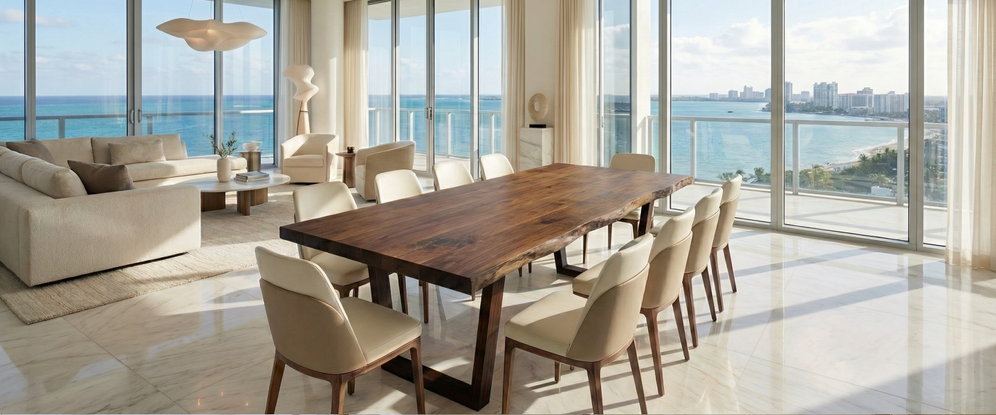 A modern living and dining room with floor-to-ceiling windows overlooking the ocean and a city coastline.