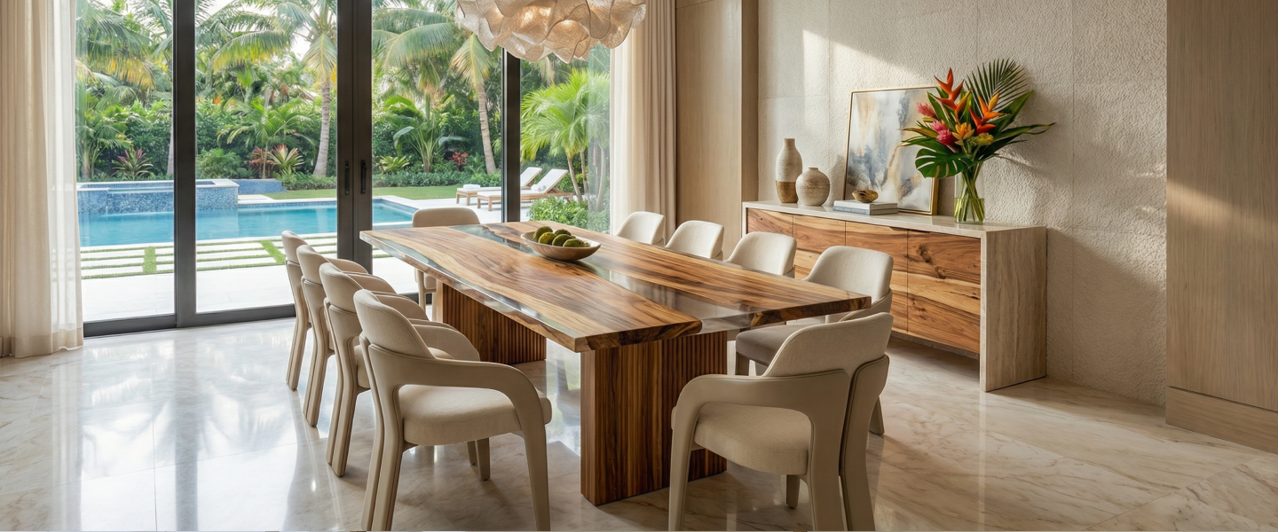 A modern dining room featuring a long wooden table and chairs, with a view of a pool outside.