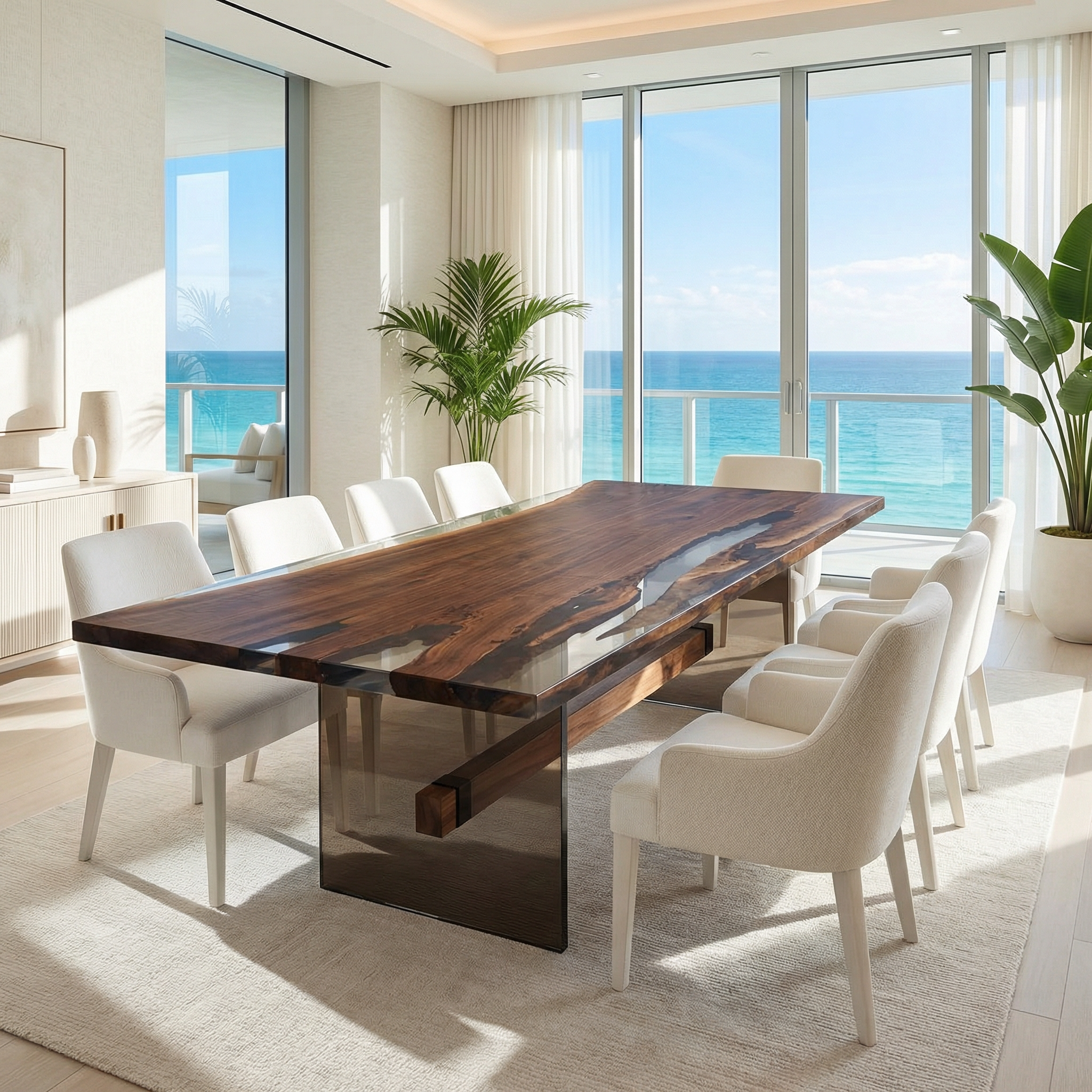 A modern dining room with a large wood and resin table, white chairs, and an ocean view.