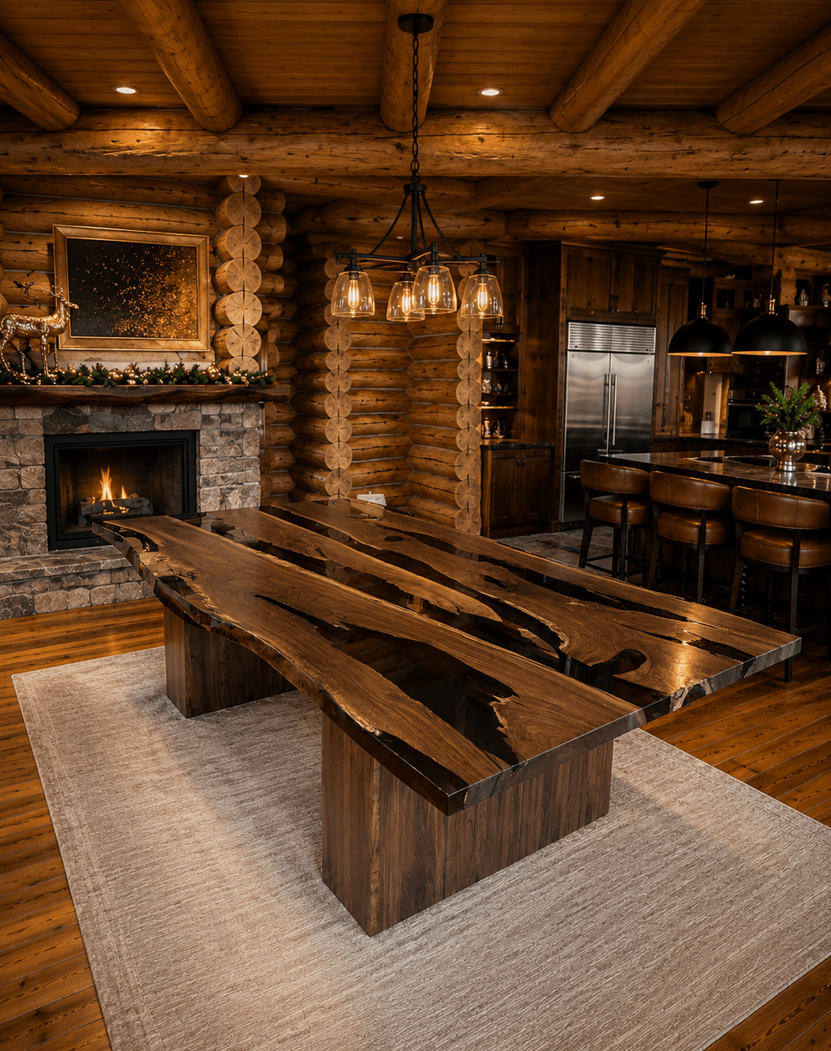 Select custom large dining table with column-style solid wood legs and epoxy river