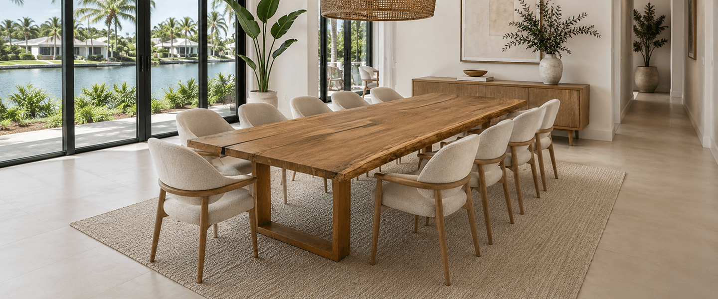 A long wooden dining table with ten chairs in a bright room overlooking a waterfront view.