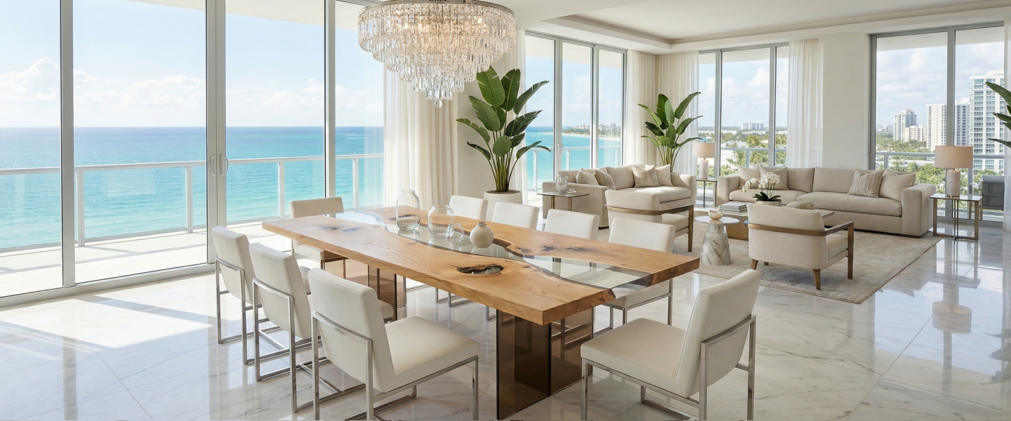 A luxurious dining room with a wood and glass table overlooking the ocean through floor-to-ceiling windows.