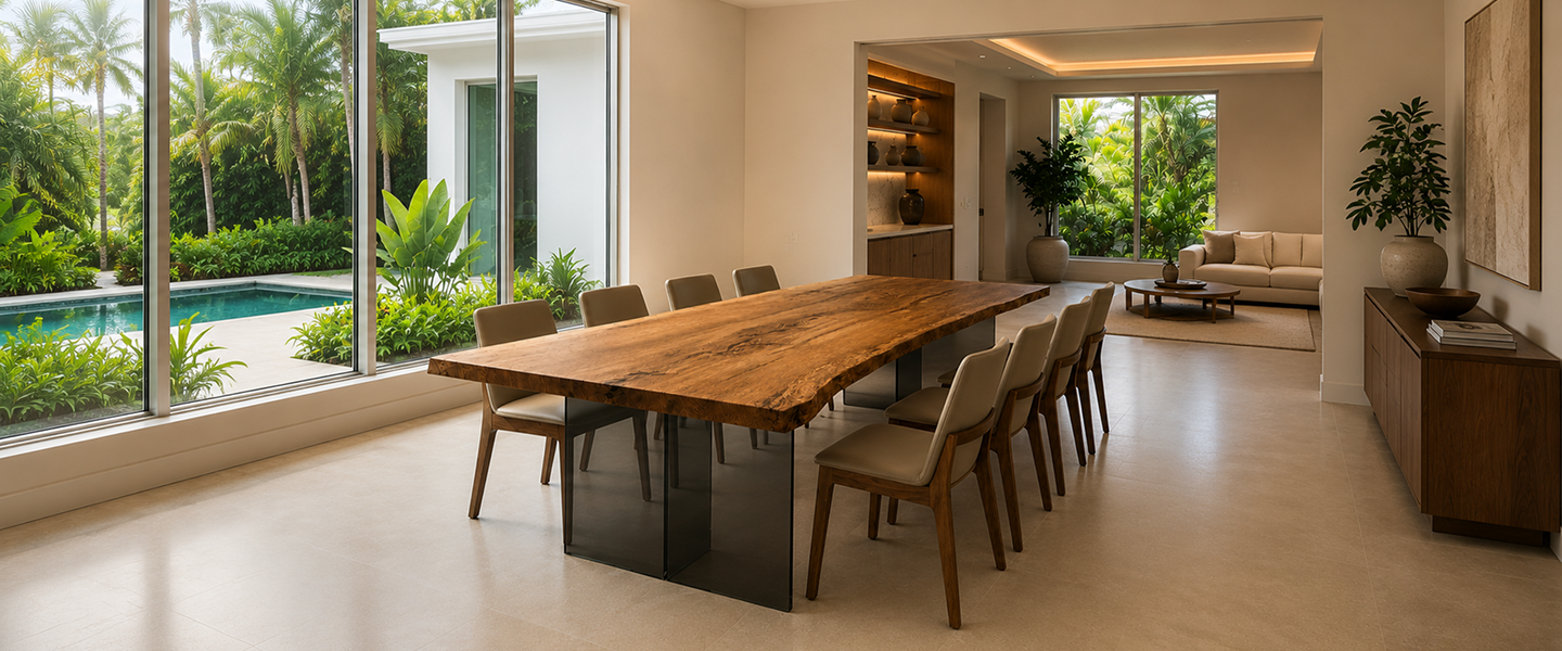 A modern dining room with a large wooden table overlooking a tropical yard with a swimming pool.