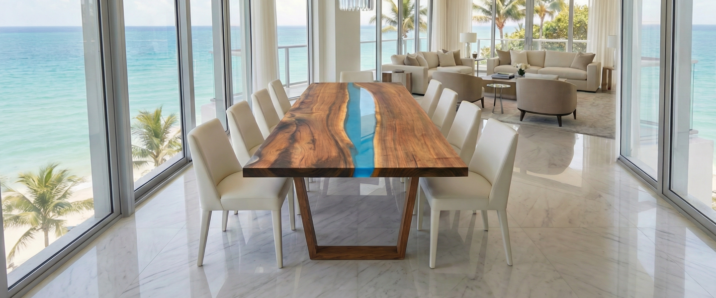 A wood and blue resin river dining table with white chairs in a room overlooking the ocean.
