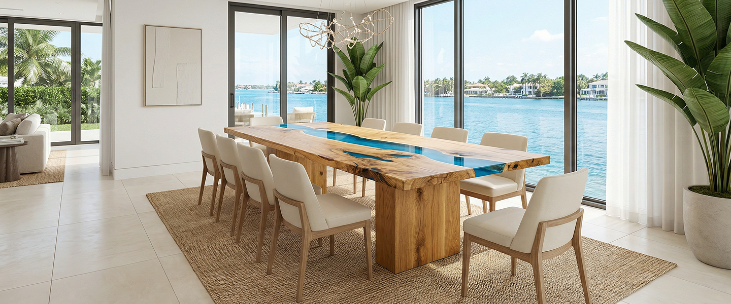 A dining room with a large wood and blue resin river table overlooking a body of water.