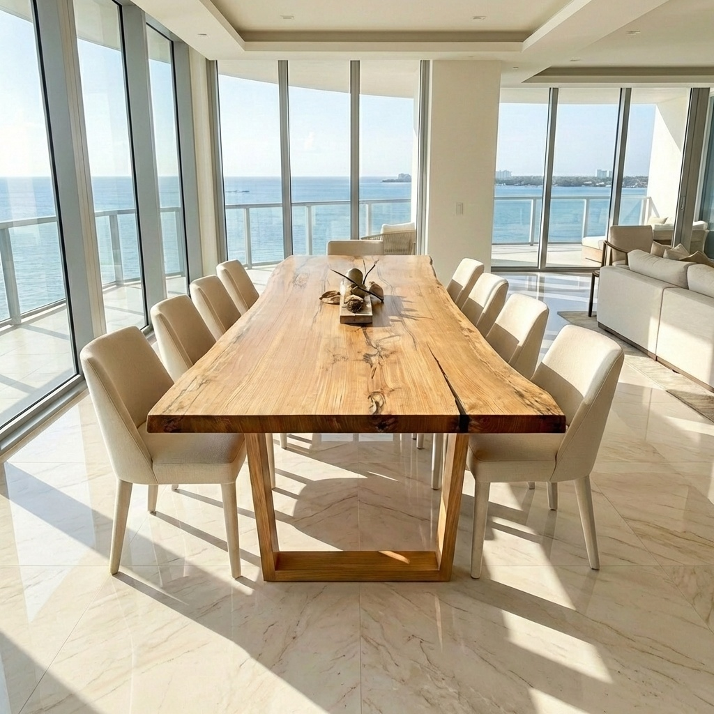 A long, live-edge wood dining table and chairs in a sunlit room with an ocean view.