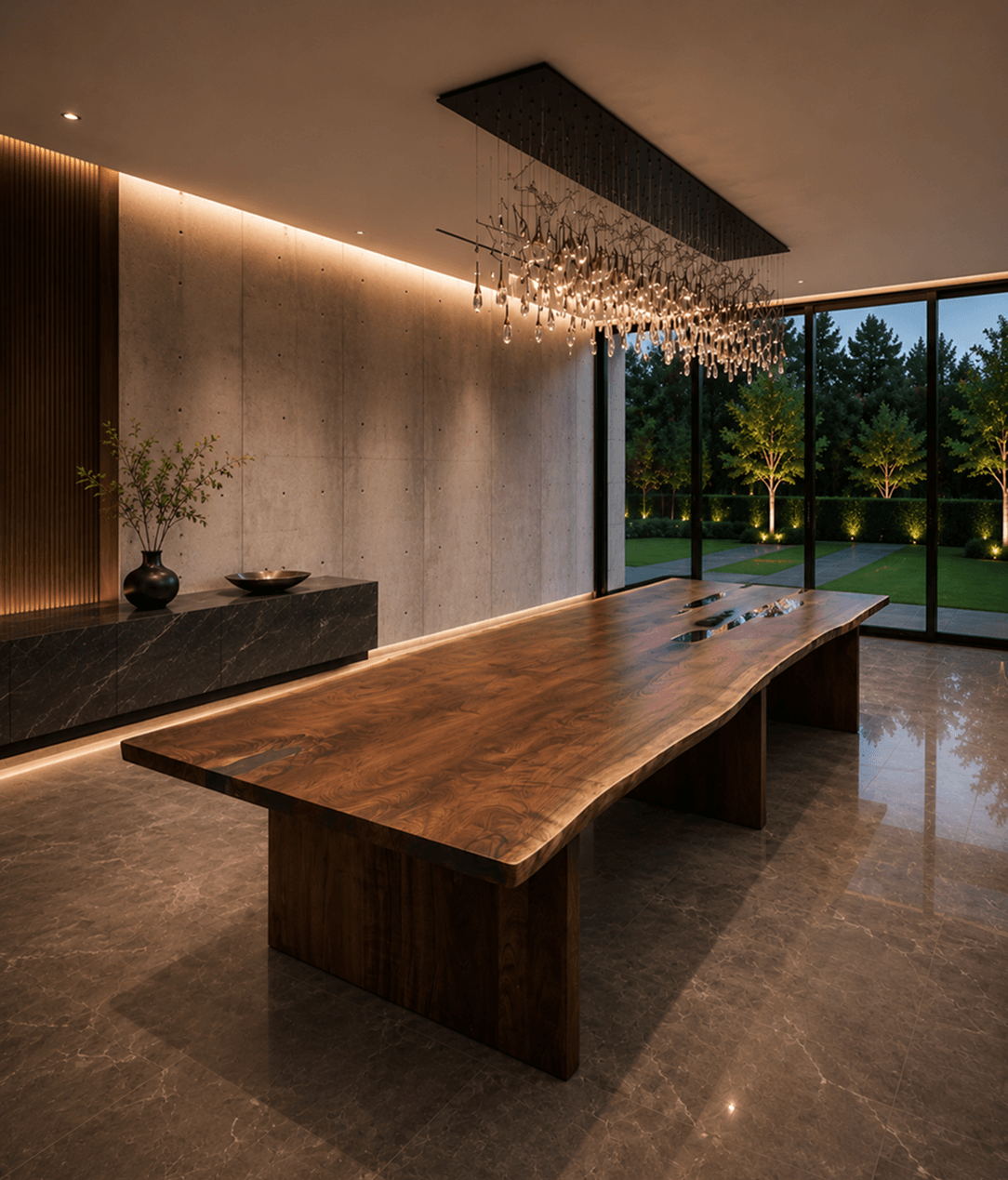 Large 13-foot table made of natural walnut wood.