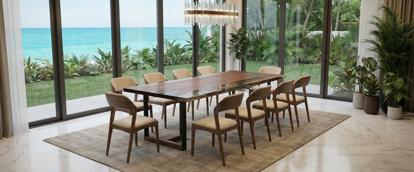 Tuco Walnut Large Dining Table with Clear Epoxy.