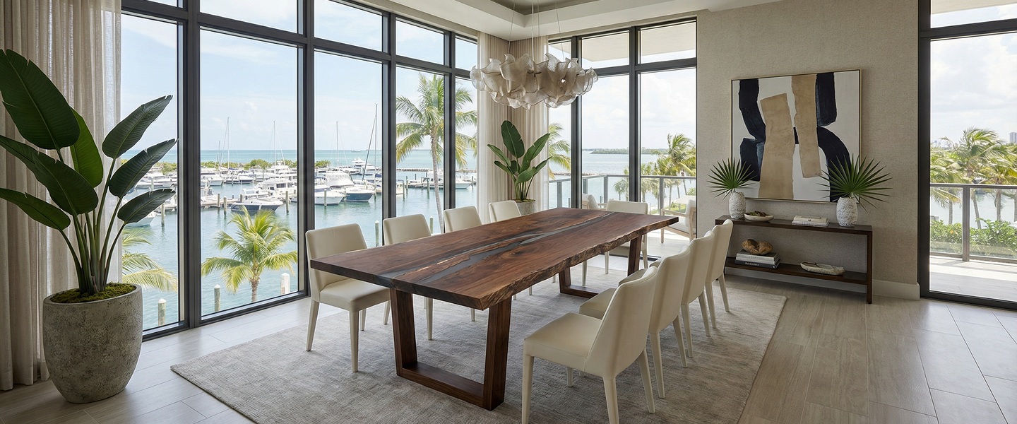 A modern dining room with floor-to-ceiling windows overlooking a marina filled with boats.
