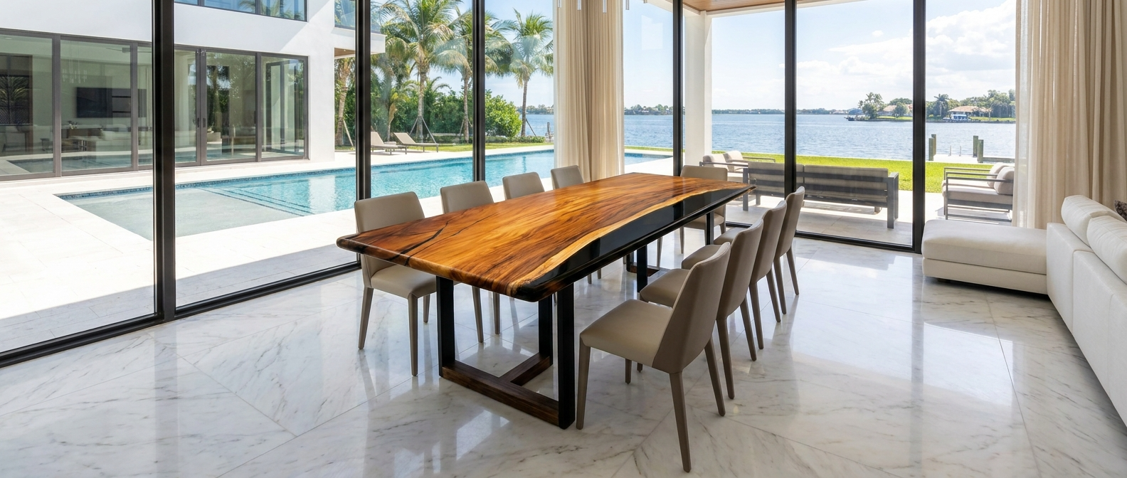  Tuco — 108-inch Saman dining table on gunmetal steel base at Holzsch
