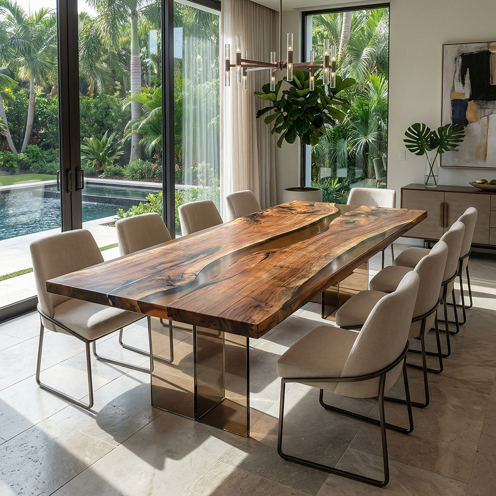 A live-edge wood dining table with ten chairs in a modern room overlooking a tropical pool area.