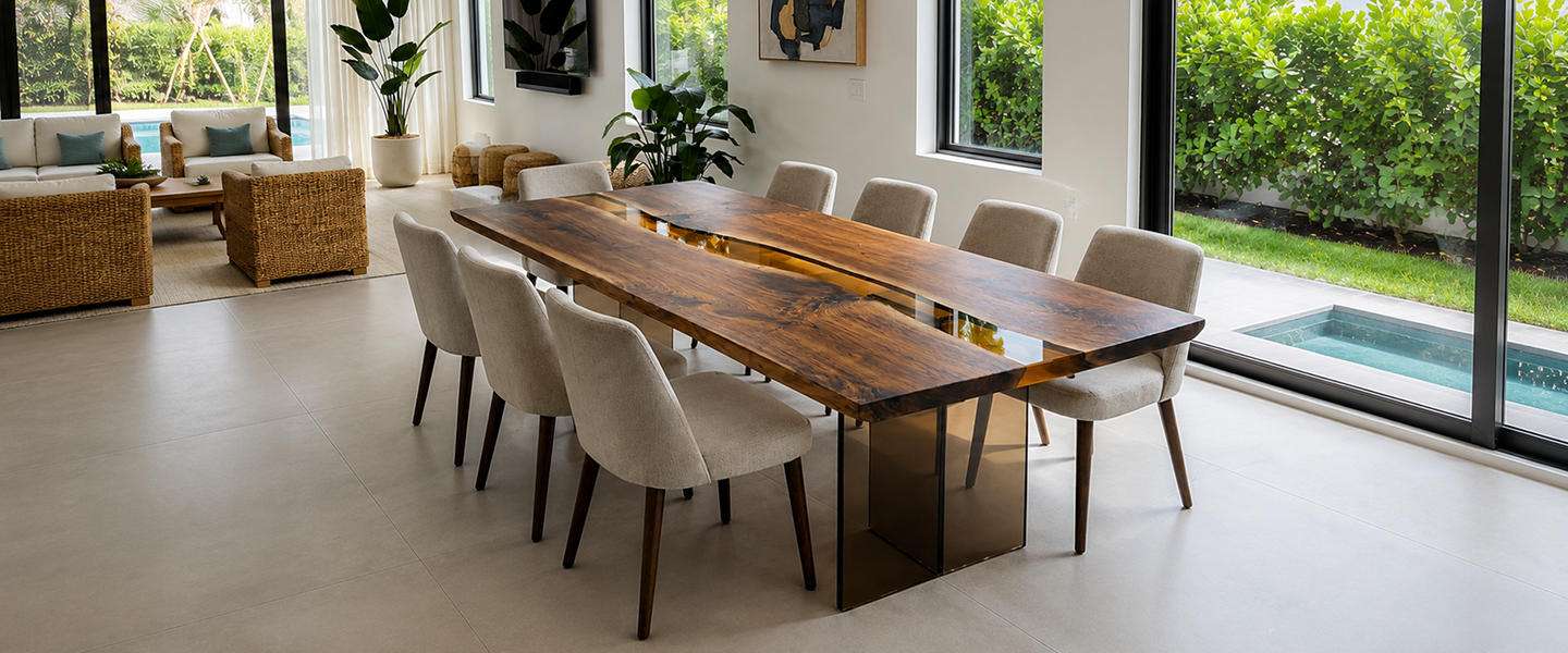 Mirage Walnut Amber Epoxy Large Dining Table