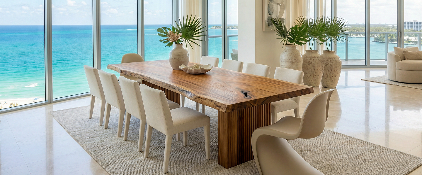 A dining room with a live-edge wood table and chairs overlooks the ocean through floor-to-ceiling windows.