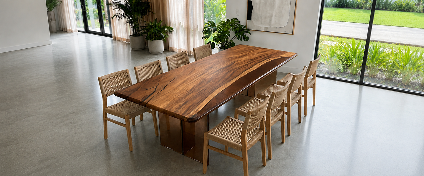 A long, live-edge wood dining table with ten woven chairs in a bright, modern room.