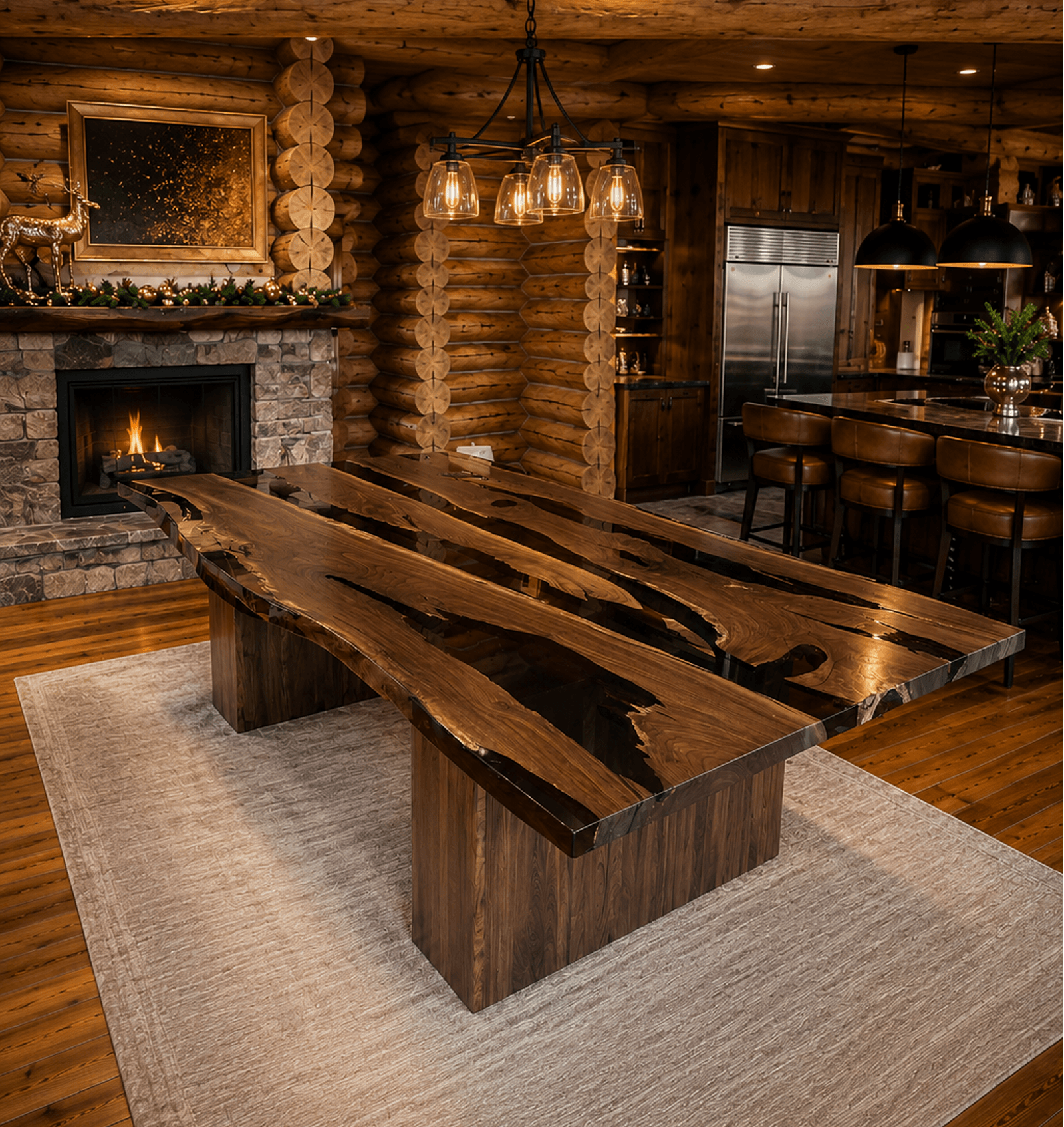 A large, live-edge wood and resin table in a rustic log cabin room with a stone fireplace.