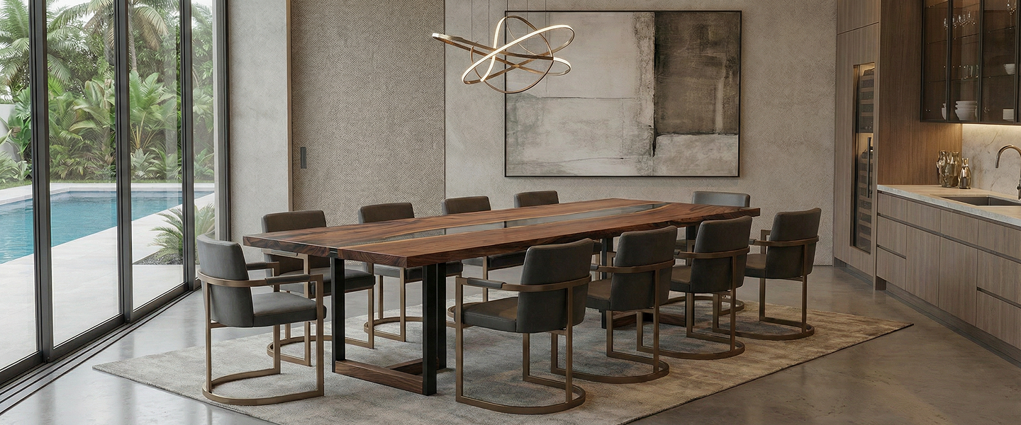Tuco Walnut Large Dining Table with Dark Gray Epoxy River