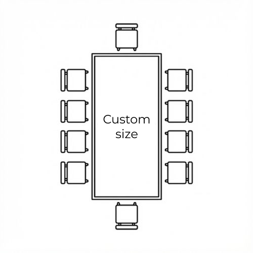 A line drawing of a rectangular table with ten chairs, with the text 'Custom size' in the middle.