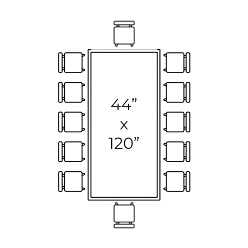 A diagram of a rectangular table, 44' x 120', with twelve chairs arranged around it.