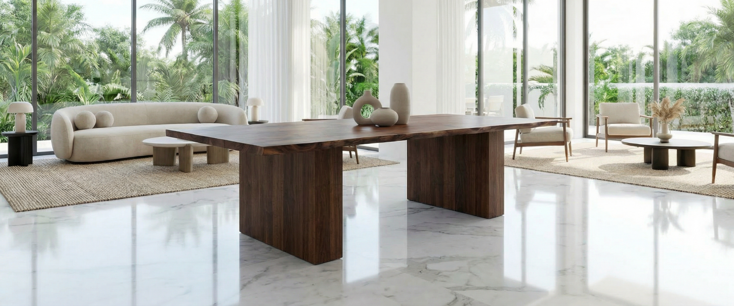 A large, live-edge wood table sits on a white marble floor in a bright, modern living space.