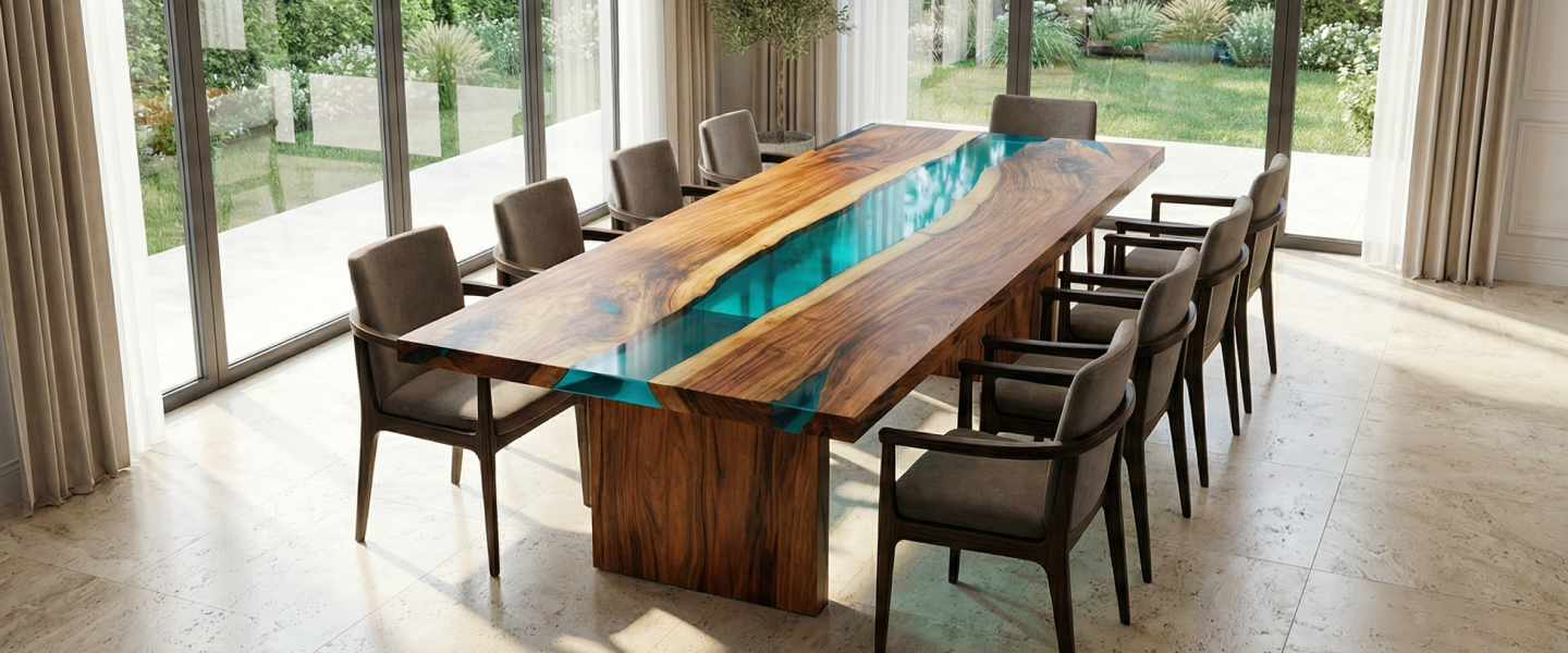 A long wood dining table with a central turquoise epoxy river, surrounded by chairs in a sunlit room.