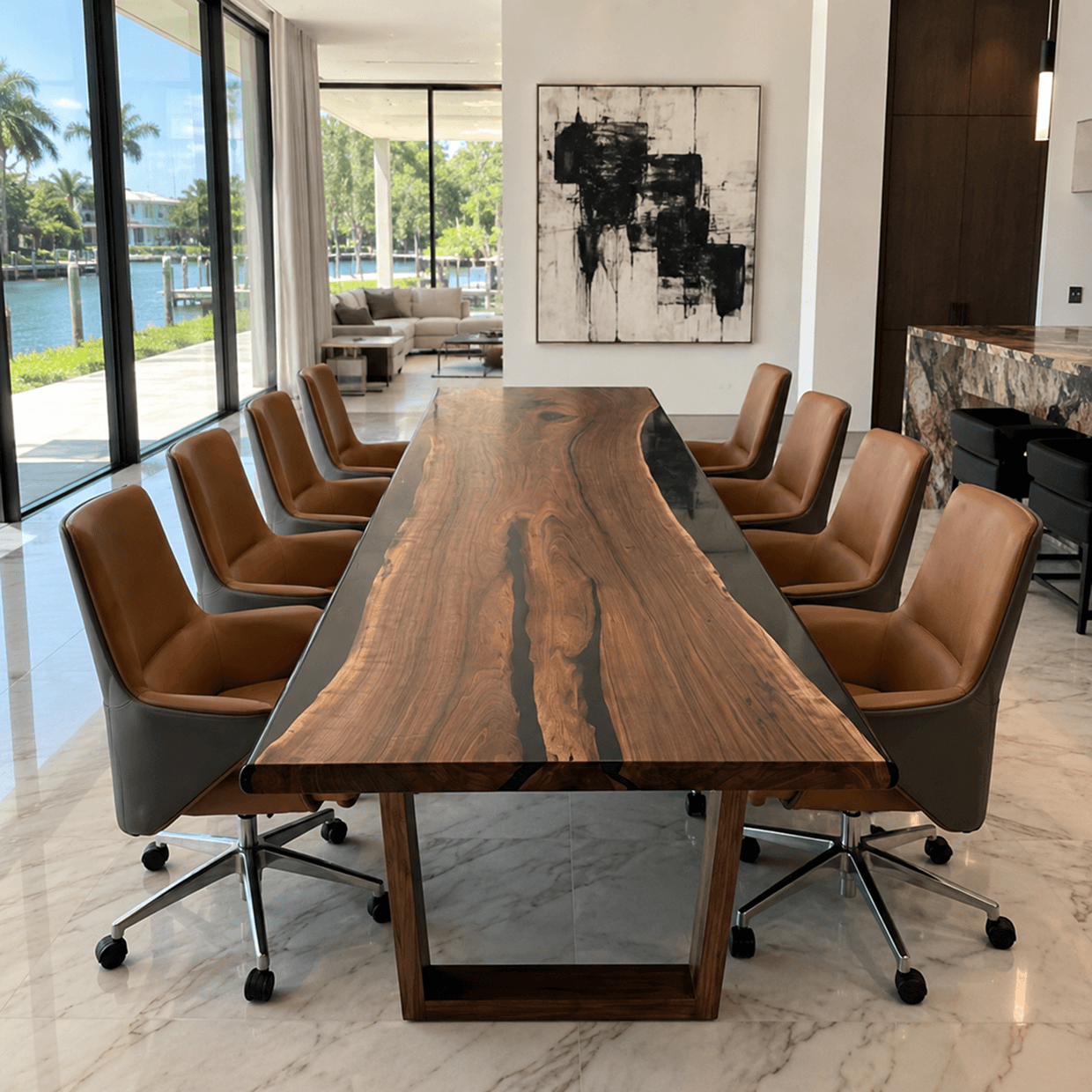 A long, live-edge wood and resin table with ten leather chairs in a modern, sunlit room.
