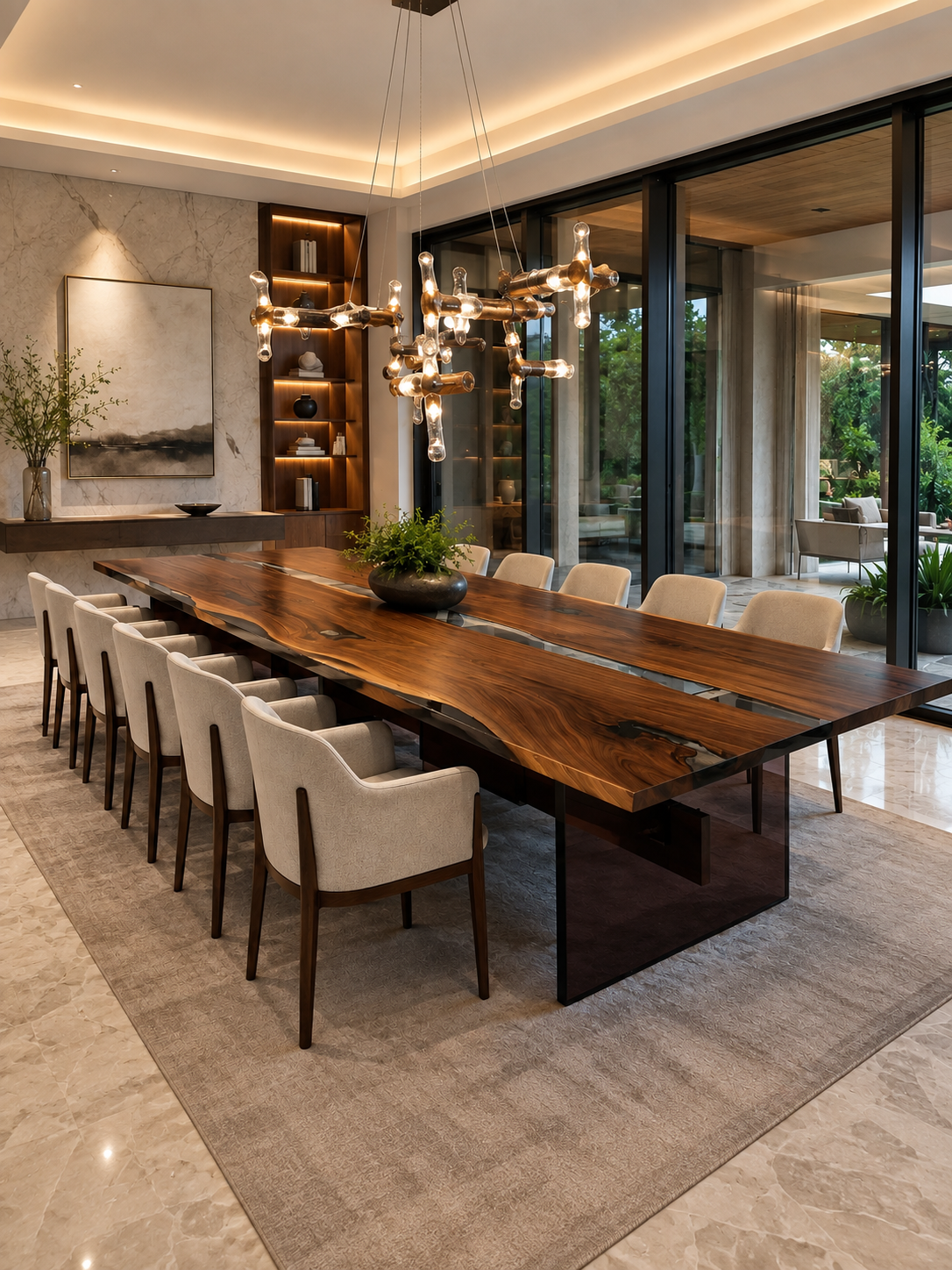Skybar custom large dining table with plexiglass base, seating 12