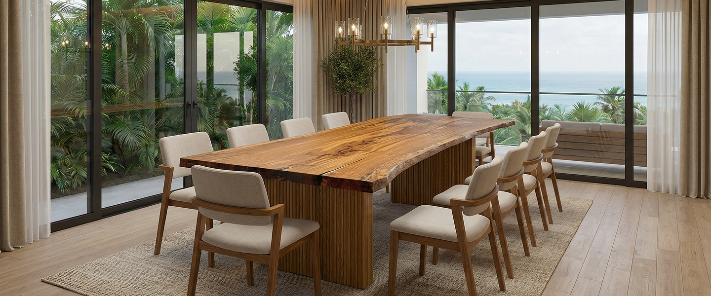 A dining room with a long, live-edge wood table, surrounded by large windows overlooking a tropical ocean view.