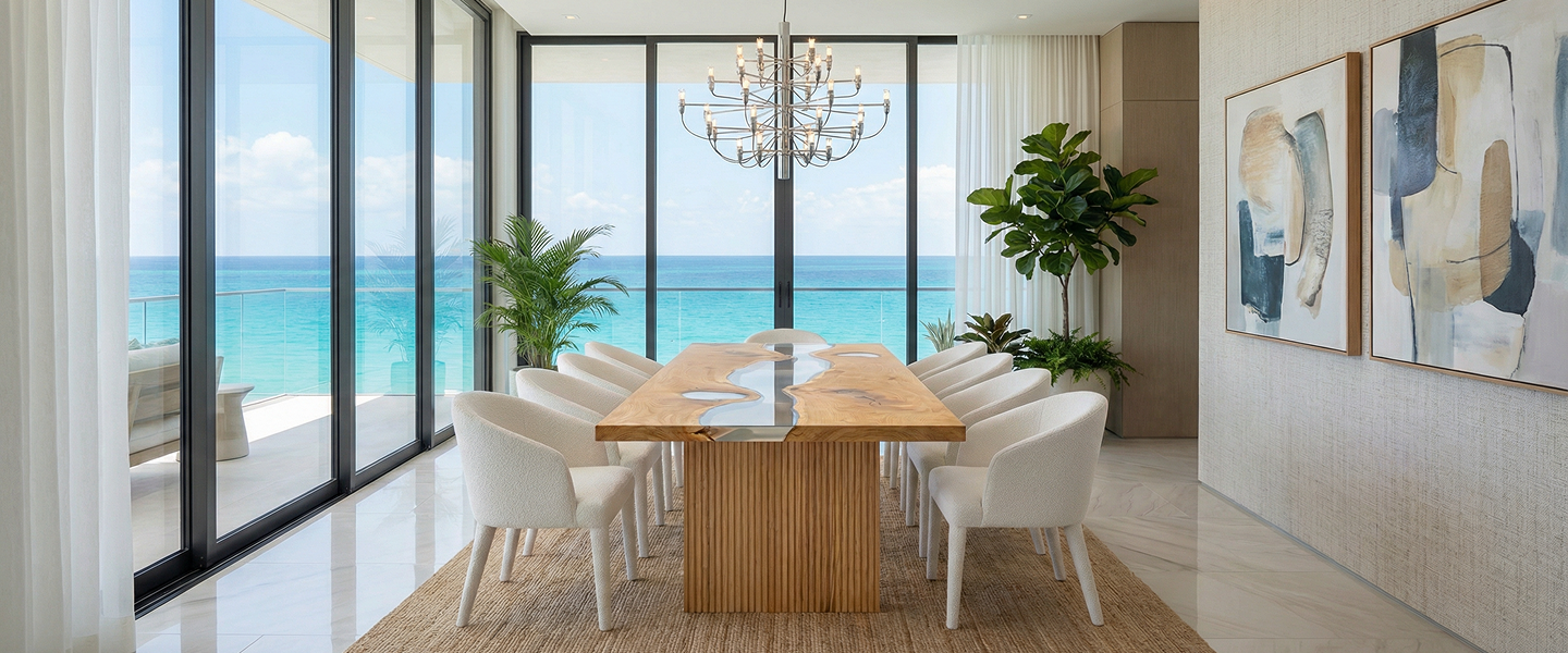 A modern dining room with a live-edge table overlooking the turquoise ocean through floor-to-ceiling windows.