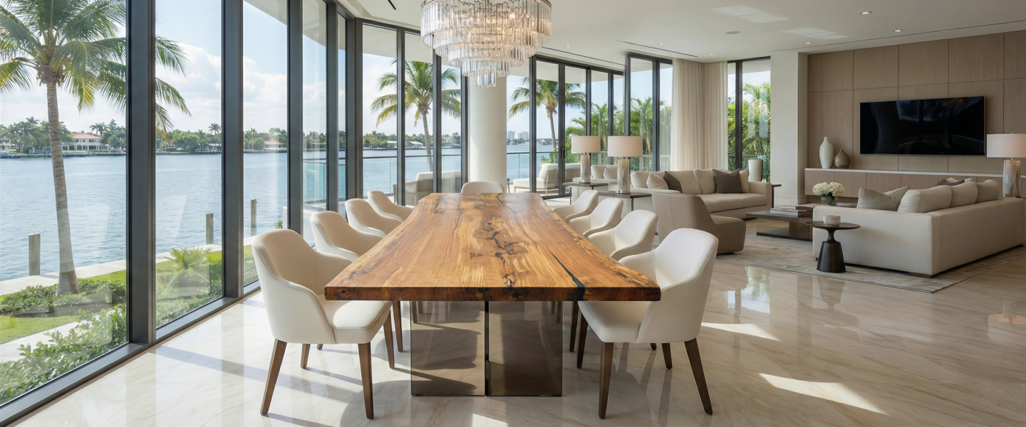 A modern dining room with a live-edge wood table and chairs overlooking a waterway through large windows.
