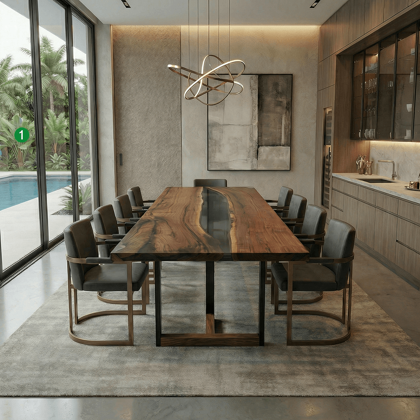 A modern dining room with a long, live-edge wood table overlooking a pool through glass doors.