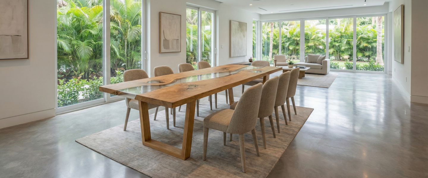 A long wood and resin river table with ten upholstered chairs in a bright, modern dining room.
