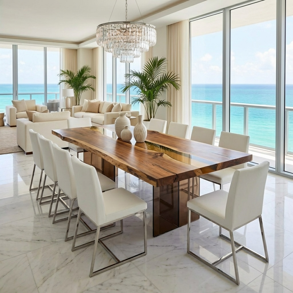 A modern, sunlit dining room with a live-edge wood table overlooking the bright blue ocean.