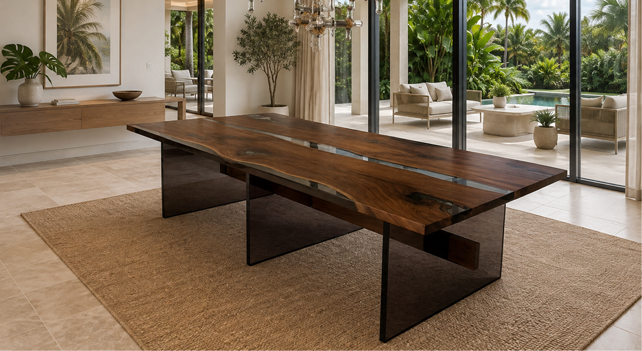13 ft walnut live edge and resin dining table on plexiglass legs