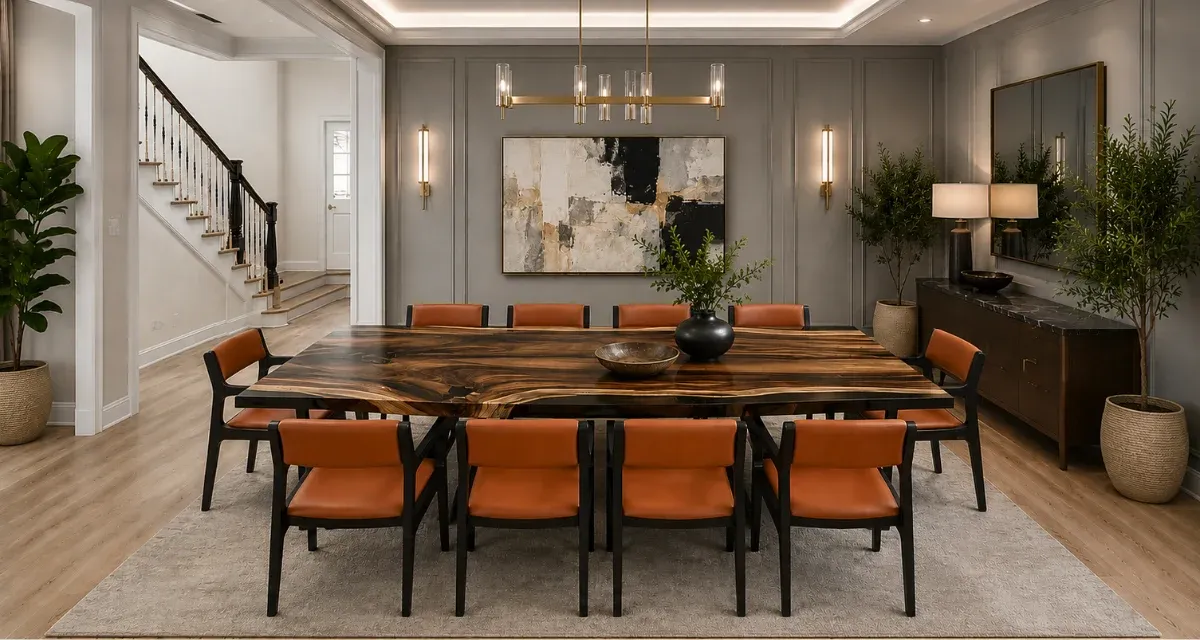 Wood and epoxy dining table with seating, Ohio