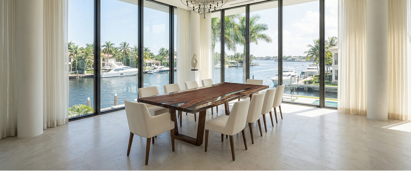 A dining room with a large wood and resin table overlooking a waterway with yachts.